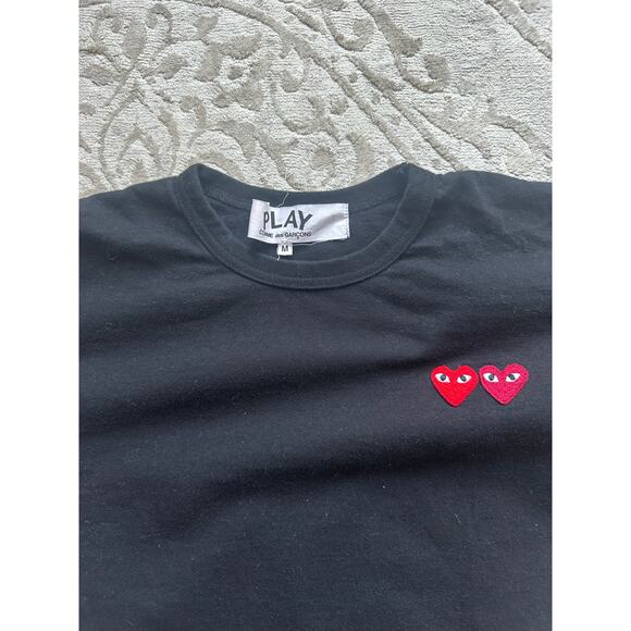 Black Graphic Tee Comme des Garçons Play Double Heart Logo Size M - Picture 3 of 6